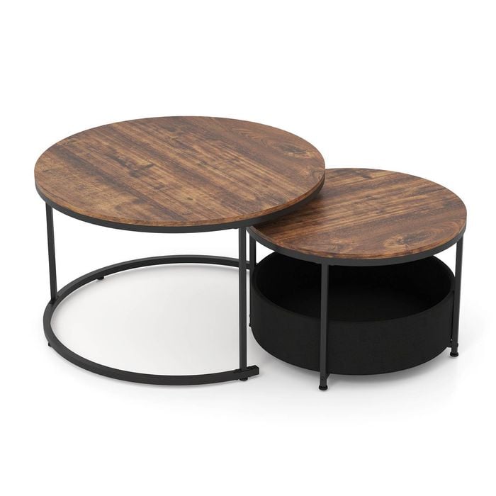 Costway 80cm & 60cm Nesting Coffee Table Set Of 2 Round End Table Brown