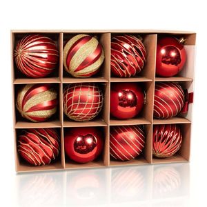 Catzon 12 Pcs Christmas Ball Ornaments 8CM Hand-Painted Shatterproof Baubles-Red Gold