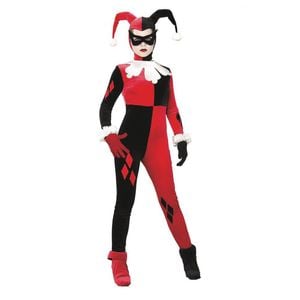 Harley Quinn Comic Book Jumpsuit Halloween Costume for Adults with Mask, Gloves and Headpiece, Extra Small