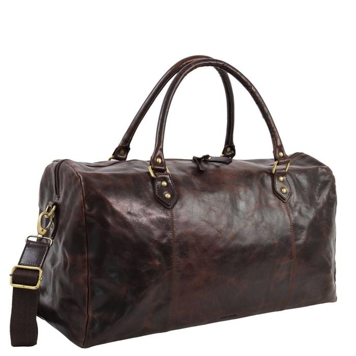 Pierre Cardin Smooth Leather Overnight Travel Luggage Bag 56x30cm Chocolate
