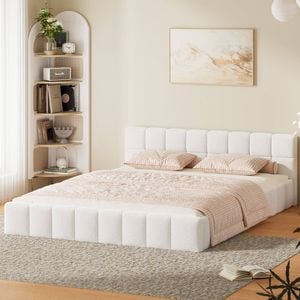 Oikiture Bed Frame Queen Size Tufted Headboard White Boucle