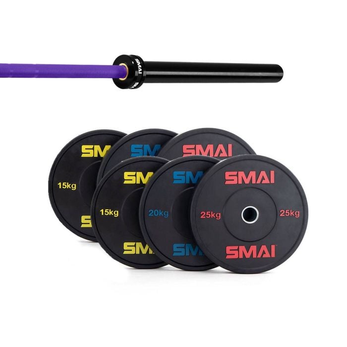 Smai 135kg Hd Bumper Plate Set Inc 15kg Barbell - 15kg Purple Barbell