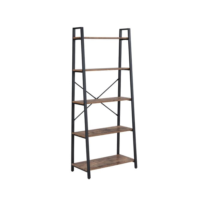 HOMFURN Open Ladder Bookshelf, 5 Tier Industrial Ladder Bookcases, Free standing Display Shelves with Metal Frame, Brown