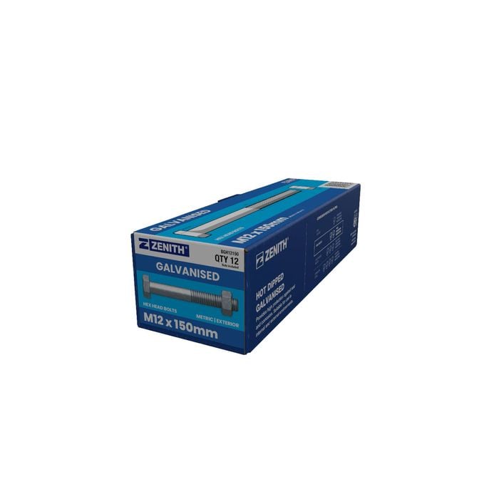 ZENITH M12 x 150mm Hot Dip Galvanised Hex Head Bolts and Nuts - 12 Pack