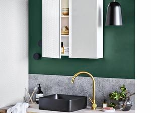 Renovated bathroom with green walls, black sink, brass tapware and cabinet.