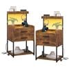Ufurniture Side Table Set of 2 with Charging Station and LED Lights Bedside Table Black