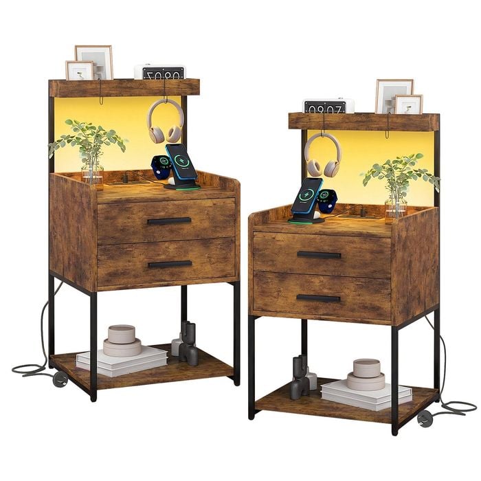 Ufurniture Side Table Set of 2 with Charging Station and LED Lights Bedside Table Black