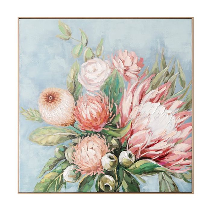 Urban Style Brushmarks Embellished Canvas Painting Artwork Protea Blue 1025mm