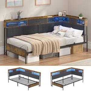 Advwin Single Corner Bed Frame with  Drawers LED Light and Charging Station
