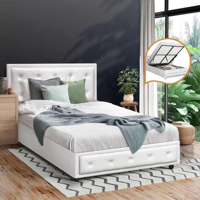 Oikiture Bed Frame King Single Size Gas Lift White ENZO