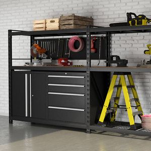 a garage organising shelf inside garage with equipment on 
