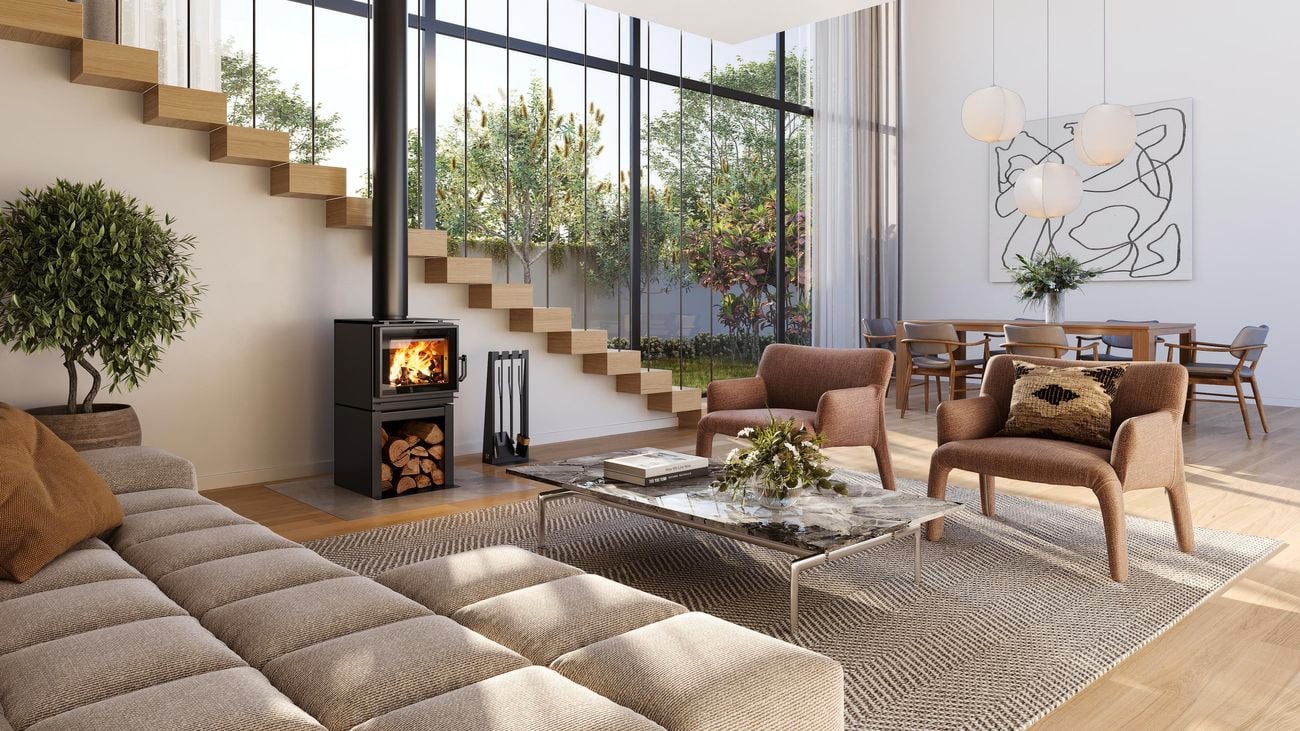Masport ‘Bowden Ministacker’ indoor wood heater in a large open-plan living and dining room.