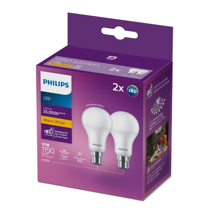 Philips A60 B22 LED 1150Lm Warm White 10W Globe - 2 Pack