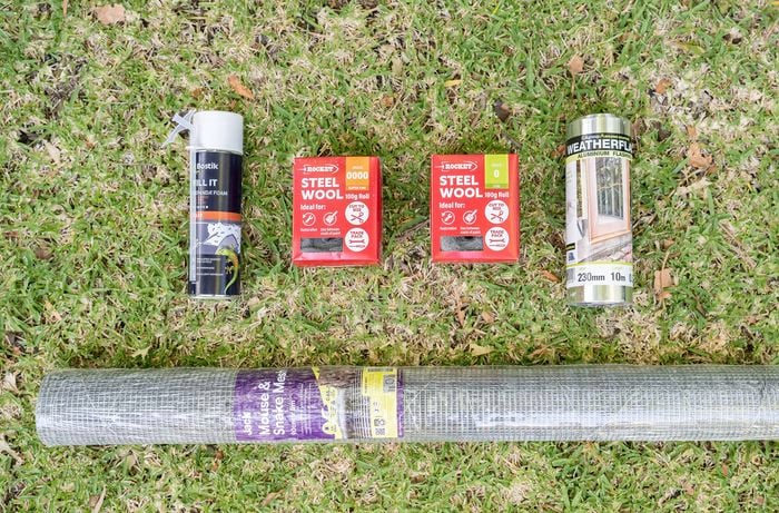 Rodent proofing supplies including steel wool, expanding foam and mesh