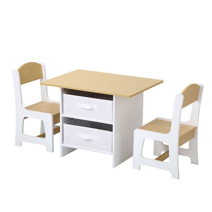 Oikiture Kids Table and Chairs Set with Toy Storage Box Wooden White
