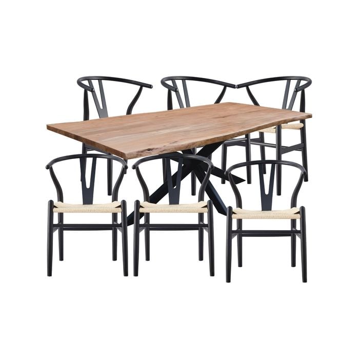 Lantana 7pc 210cm Dining Table 6 Black Wishbone Chair Set Live Edge Acacia Wood
