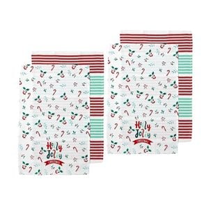 Ladelle Joyful Holly Jolly Christmas Set of 4 Cotton Kitchen Towels 45 x 70cm