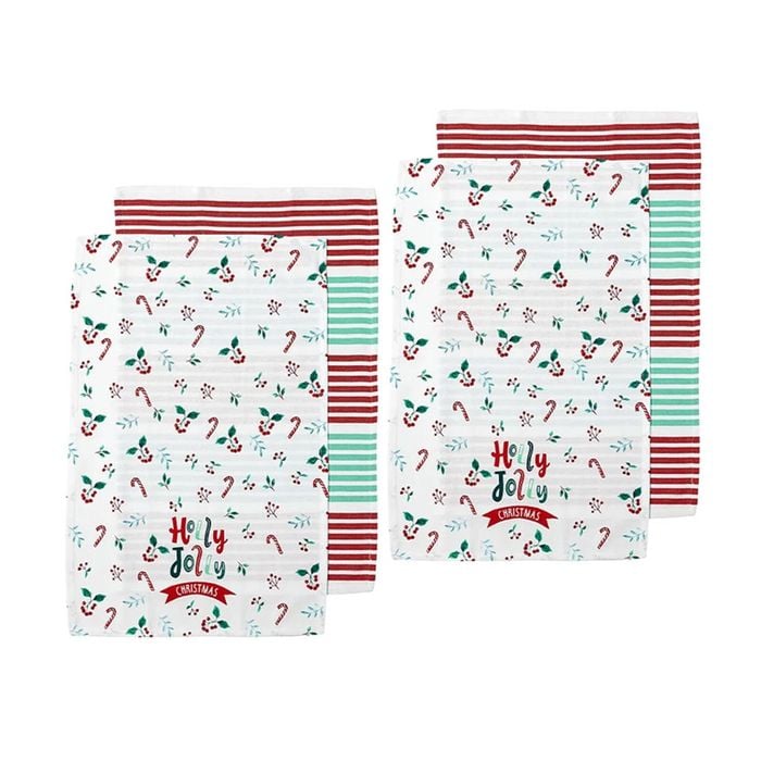 Ladelle Joyful Holly Jolly Christmas Set of 4 Cotton Kitchen Towels 45 x 70cm