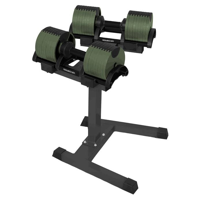 Powertrain Eon Dial Up 90kg Adjustable Dumbbells Pair With Stand - Green
