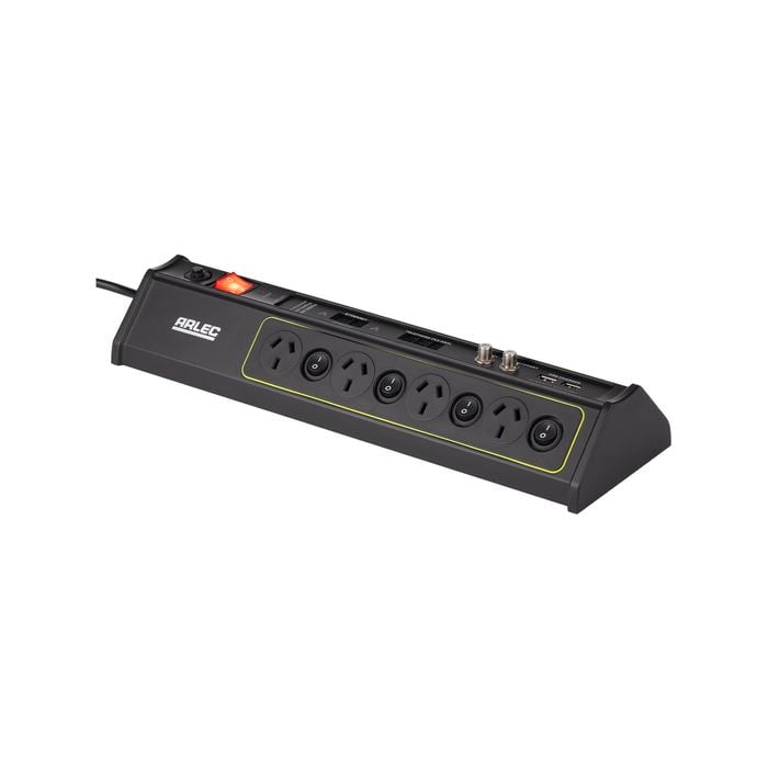 Arlec 8 Outlet 2 x USB Coax Surge Protect Powerboard