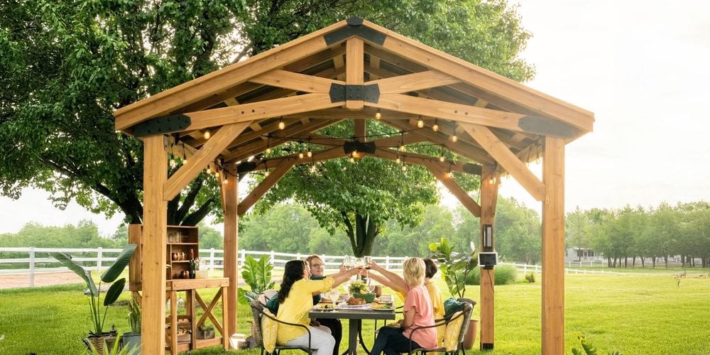 Backyard Discovery Norwood 3.7m x 3.0m Cedar Wood Outdoor Patio Gazebo with Hardtop Galvanised Steel Peak Roof and PowerPort