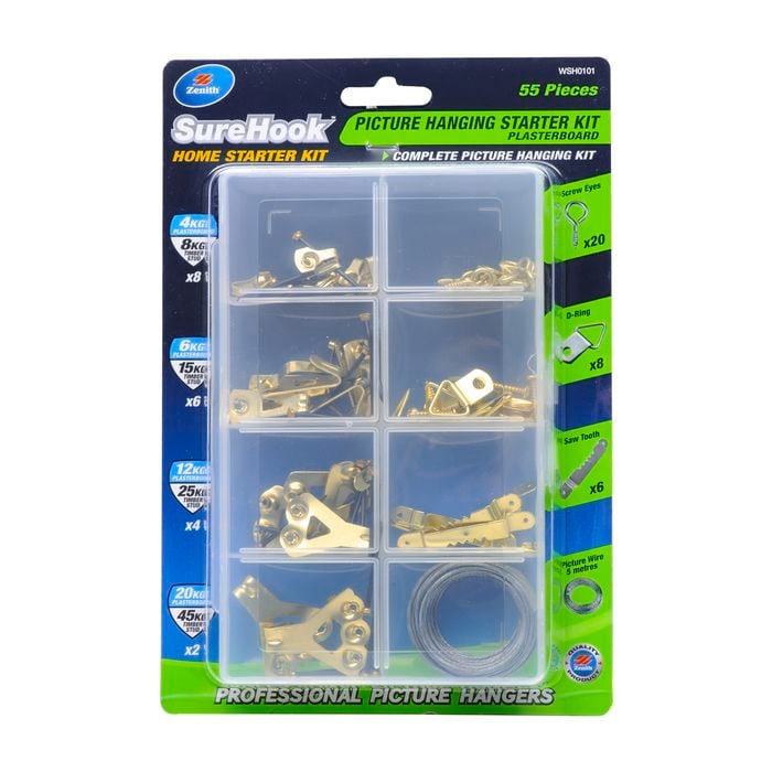 Zenith SureHook Plasterboard 4-45kg Picture Hanging Starter Kit Brass Plated  55pc
