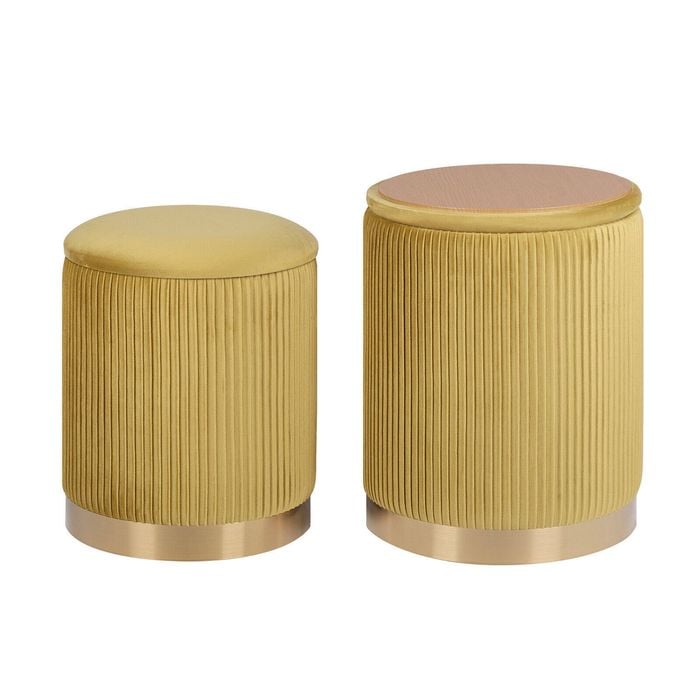 La Bella Mustard 2 Set Side Table Storage Ottoman - Velvet Stool MIRA