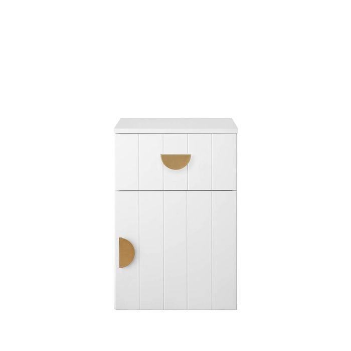 European Cabinetry White VJ Panel Half Moon Brass Handle Porto Bedside Table