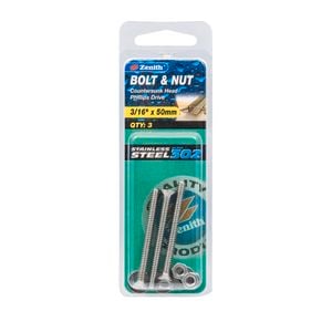 Zenith 3/16" x 50mm Stainless Steel Countersunk Bolt And Nut - 3 Pack