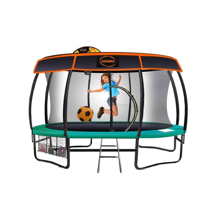 Kahuna Trampoline 14 Ft With Basketball Set And Roof Cover - Green