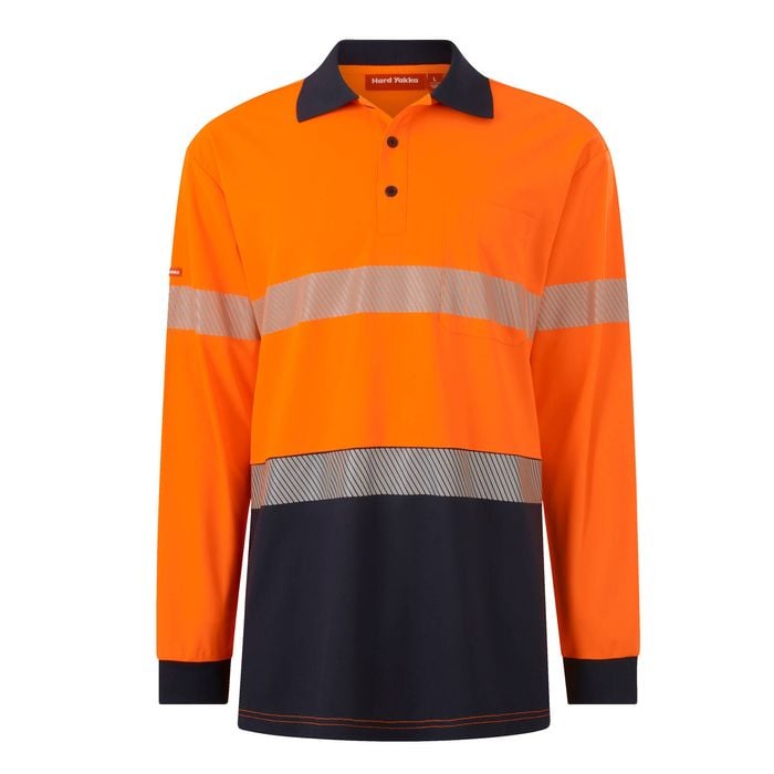 Hard Yakka Orange/Navy Men's Long Sleeve Hi Vis Taped Polo - Size M