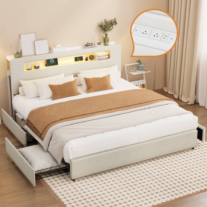 Oikiture Bed Frame 4 Drawers King Size with LED Charging Storage Bedhead