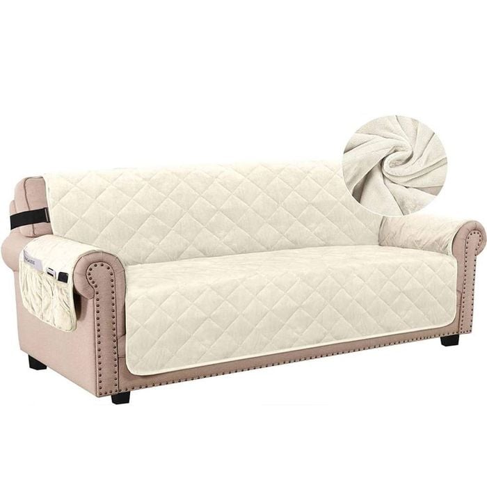 Smarcute 3 Seater Velvet Sofa Couch Cushion Cover With Non-slip Elastic Straps Ivory