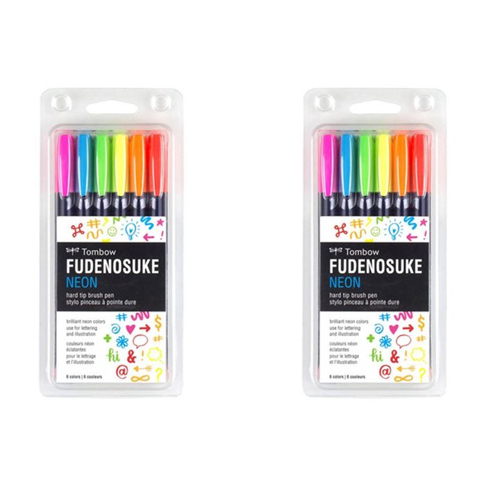 2x 6pc Tombow Fudenosuke Neon Hard Tip Brush Pen Drawing/Colouring Sketching Set