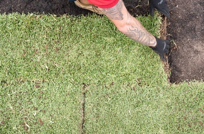 A person wearing gloves is carefully laying the remaining turf in a staggered pattern to fill a gap on a prepared patch of soil. 