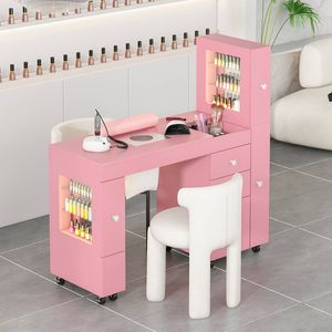 Ufurniture Manicure Table Acetone Resistant with Dust Collector Clear Showcase LED Light Rolling Wheels Pink