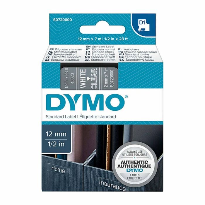 Dymo White On Clear 12mmx7m Tape