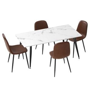 Oikiture 5PCS  Dining Set 120cm Rectangle Dining Table with Dining Chairs PU Brown