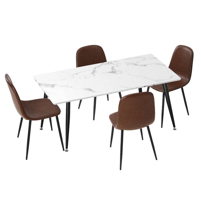 Oikiture 5PCS  Dining Set 120cm Rectangle Dining Table with Dining Chairs PU Brown