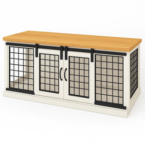 Paws and Willow Open Plan Arctic White with Natural Top Wooden Dog Crate Barn Doors with Mesh