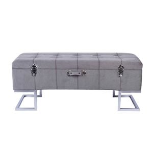 P&P Grey Velvet Storage Ottoman Bench Silver Metal Base Modern Seating Unit
