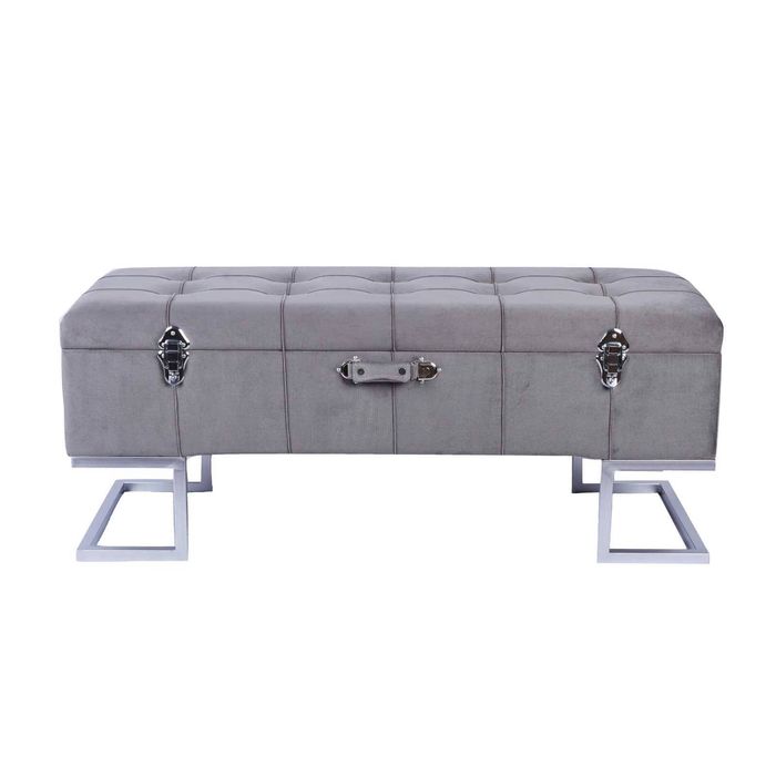 P&P Grey Velvet Storage Ottoman Bench Silver Metal Base Modern Seating Unit