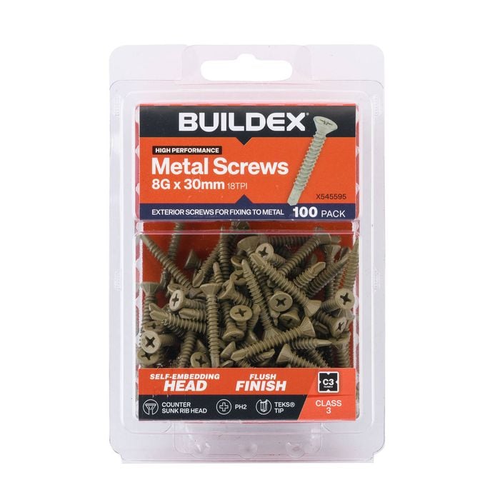 Buildex 8G x 30mm Class 3 Sheet Metal Screws - 100 Pack