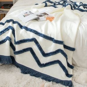 CottonMore Acrylic Knitted Blanket Tufted Tassel Bed Sofa Throw Rug 130cm x 160cm - Blue