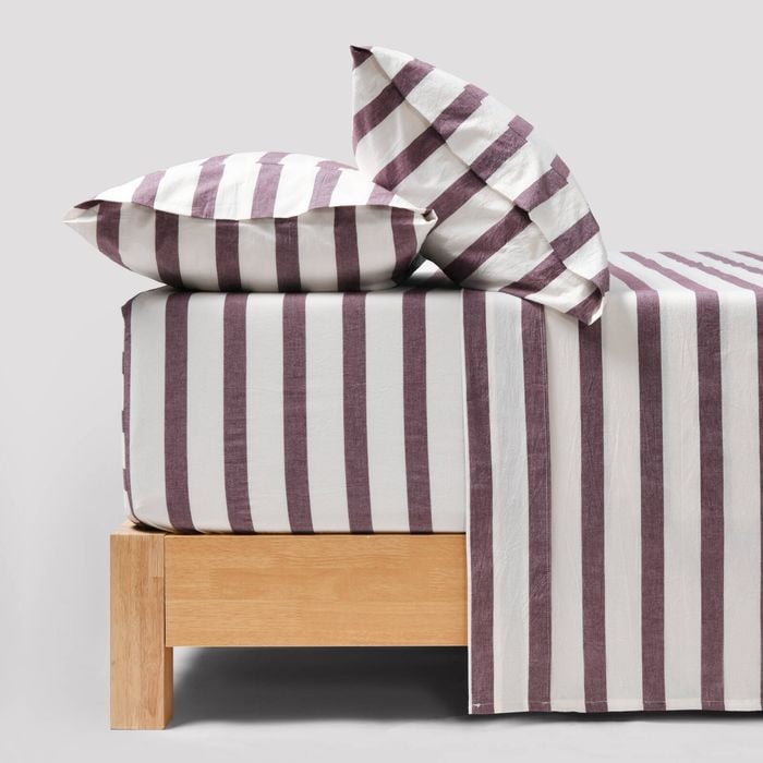 Dreamaker Cove Washed Cotton Yarn Dyed Wide Stripe Sheet Set Plum Single