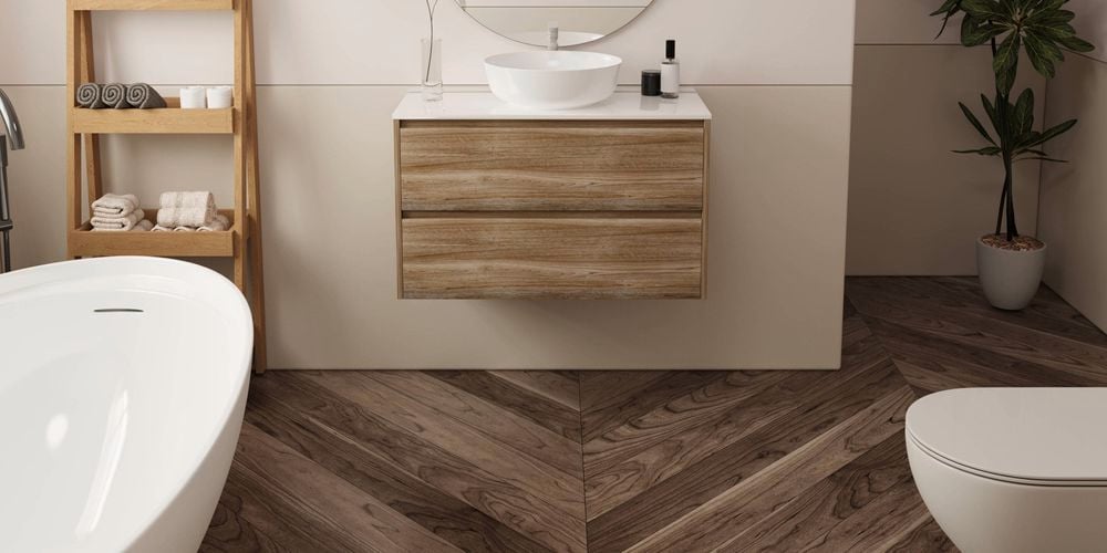 Forme branded basin in timber look in bathroom in shot