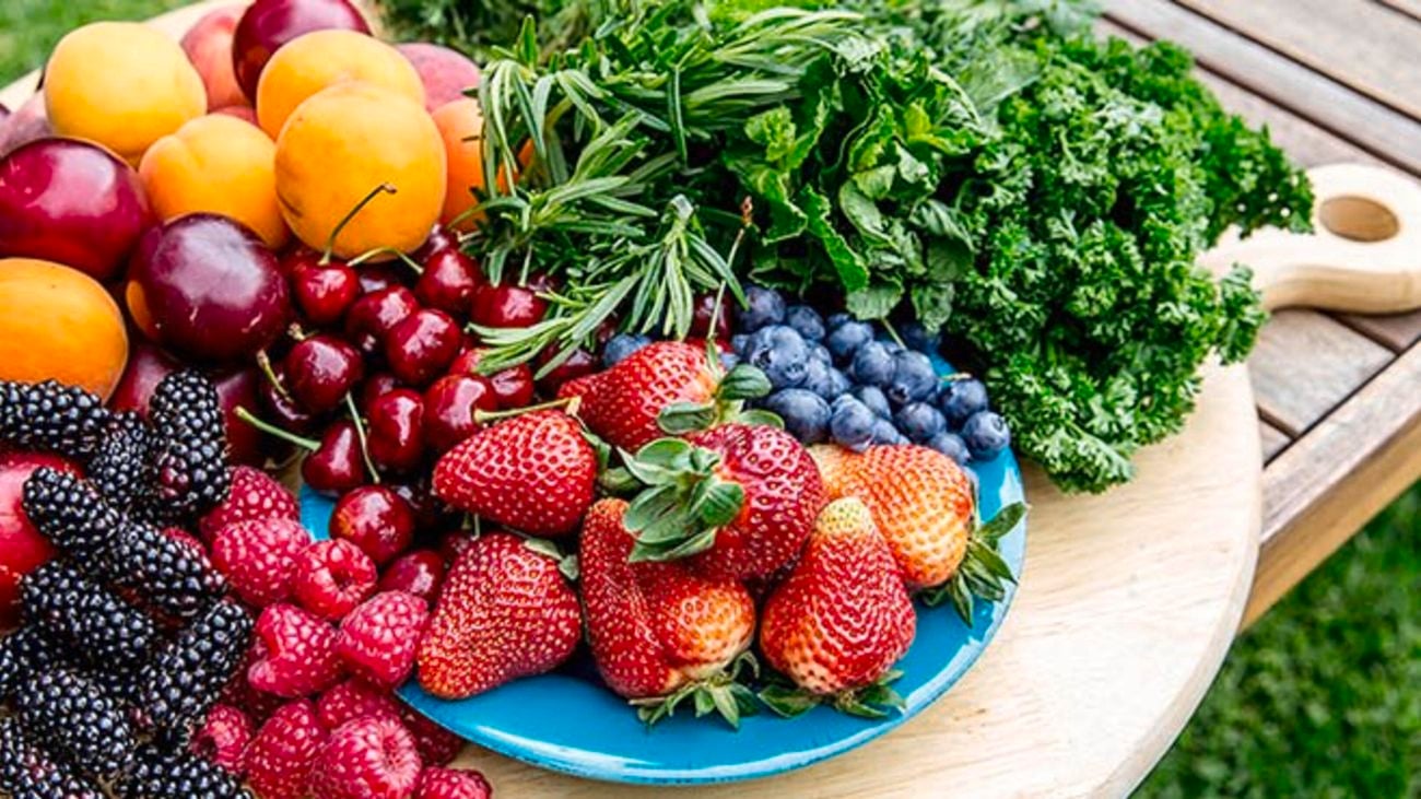 Harvested fruit and vegetables including blackberries, raspberries, strawberries, blueberries and cherries.