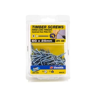 Zenith 6G x 25mm Zinc Plated Hinge-Long Thread Countersunk Head Timber Screws - 100 Pack