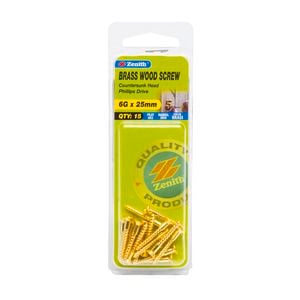 Zenith 6G x 25mm Solid Brass Wood Screw - 15 Pack