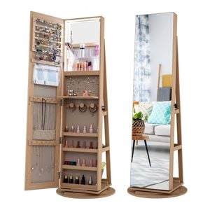 Costway 360° Rotating Jewellery Cabinet Mirror Jewelry Organiser W/led Lights Natural